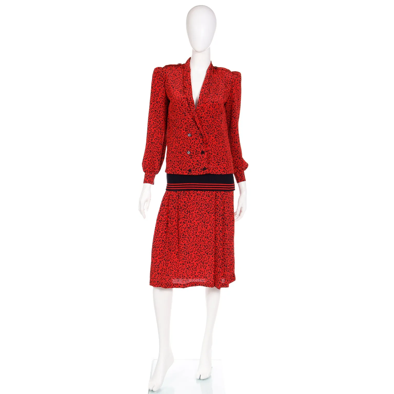 1980s Vintage Red & Black Print Silk Drop Waist Dress w Ribbed Knit Trim