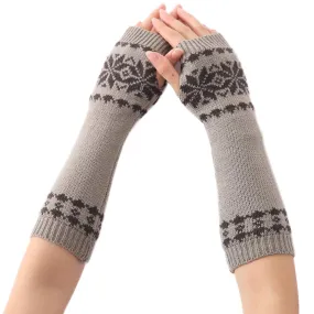 Amorar Winter Knit Fingerless Gloves with Thumb Hole Crochet Snowflake Pattern Long Arm Warmers Gloves Light Gray
