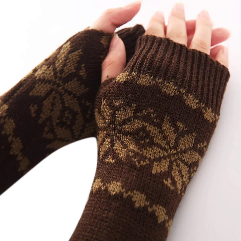 Amorar Winter Knit Fingerless Gloves with Thumb Hole Crochet Snowflake Pattern Long Arm Warmers Gloves Light Gray