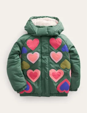 Appliqué Padded Coat-Monster Green Hearts