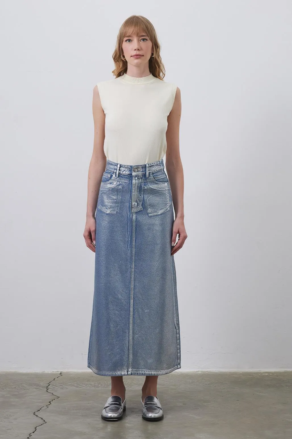 Bright Printed Denim Pencil Skirt Silver