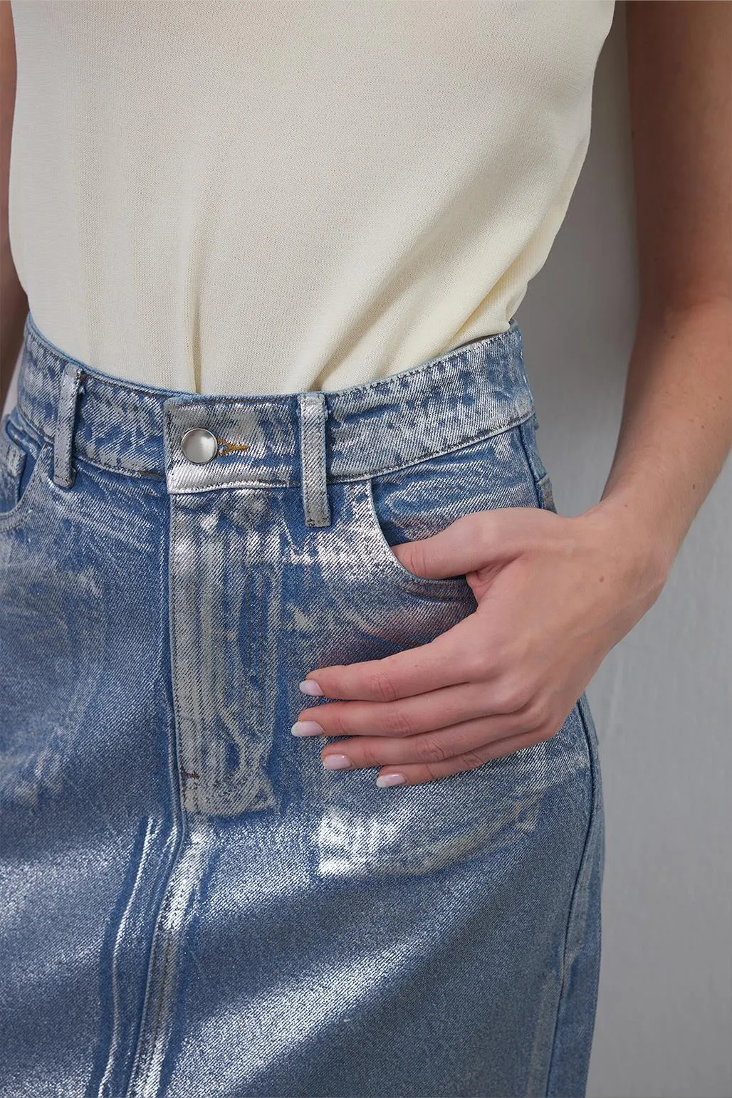 Bright Printed Denim Pencil Skirt Silver