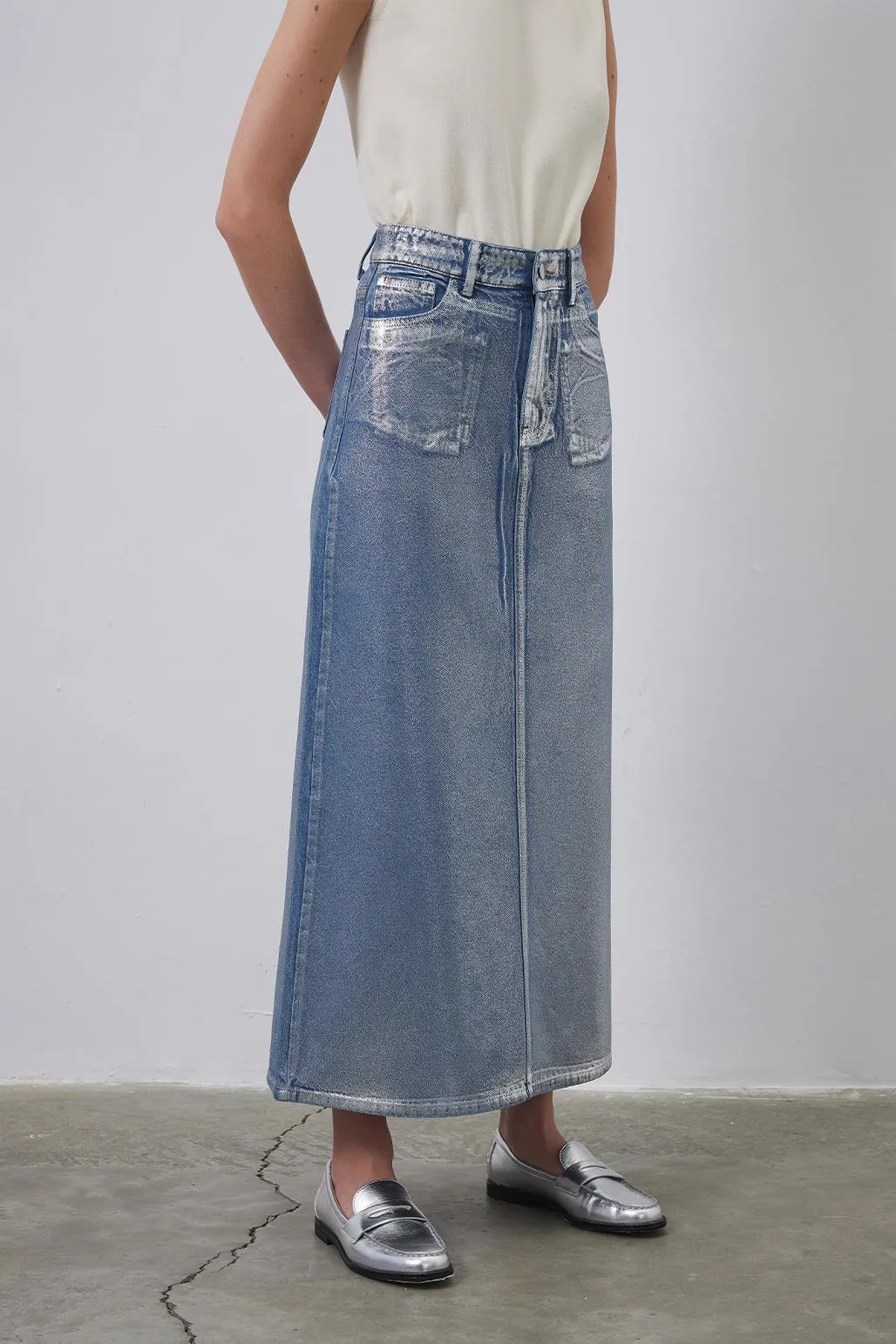 Bright Printed Denim Pencil Skirt Silver