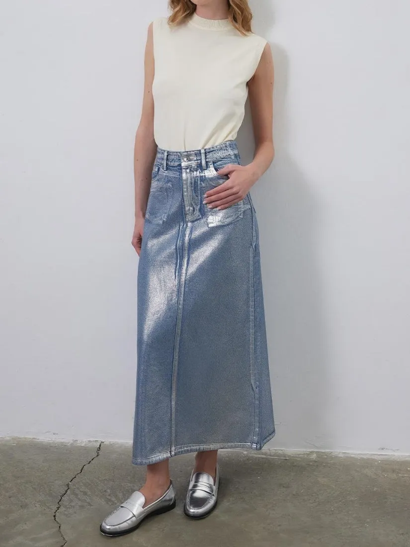 Bright Printed Denim Pencil Skirt Silver