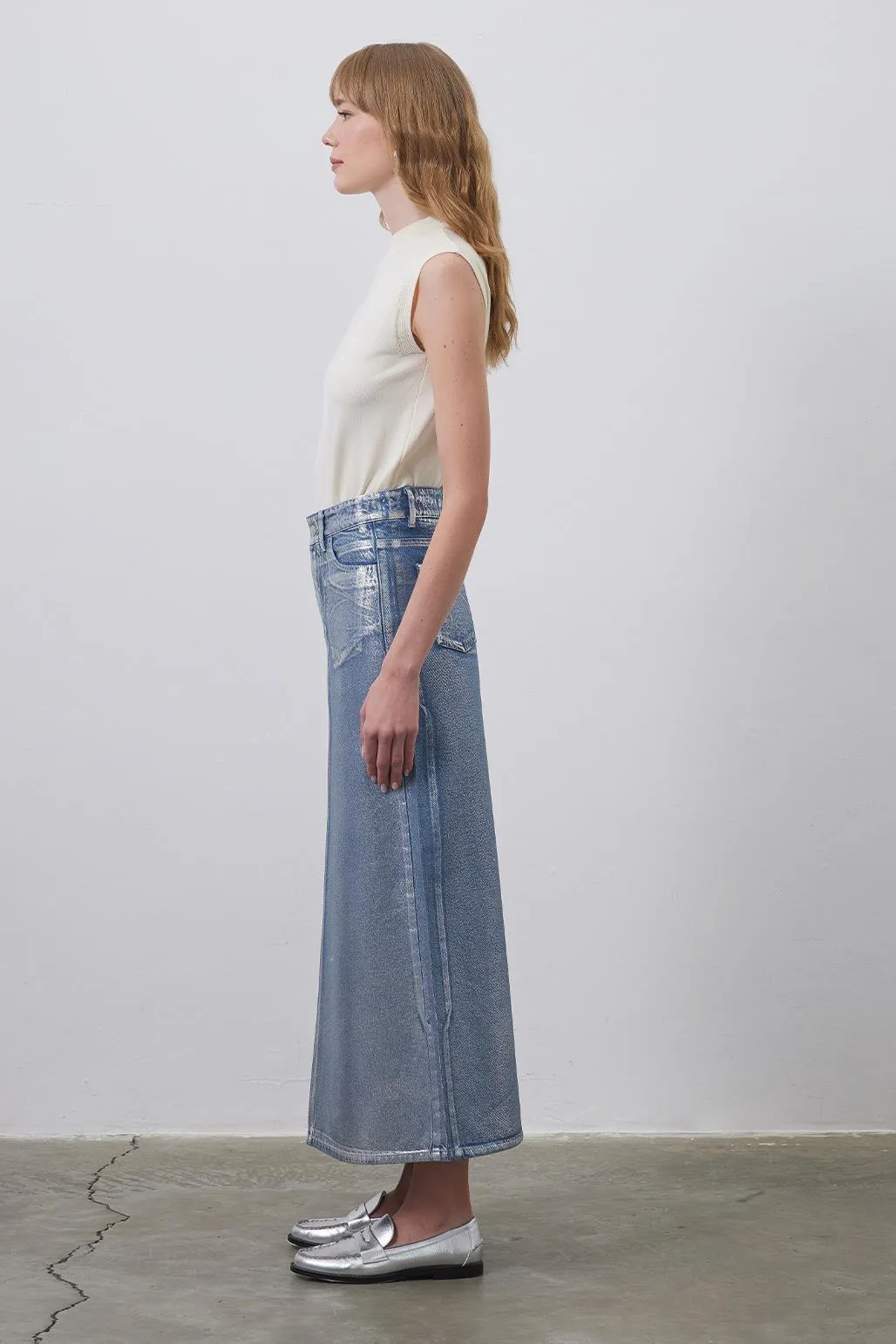 Bright Printed Denim Pencil Skirt Silver
