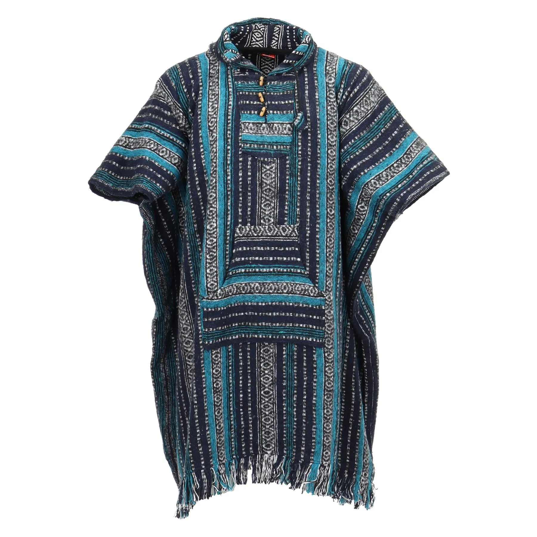 Brushed Cotton Long Hooded Poncho - Blue