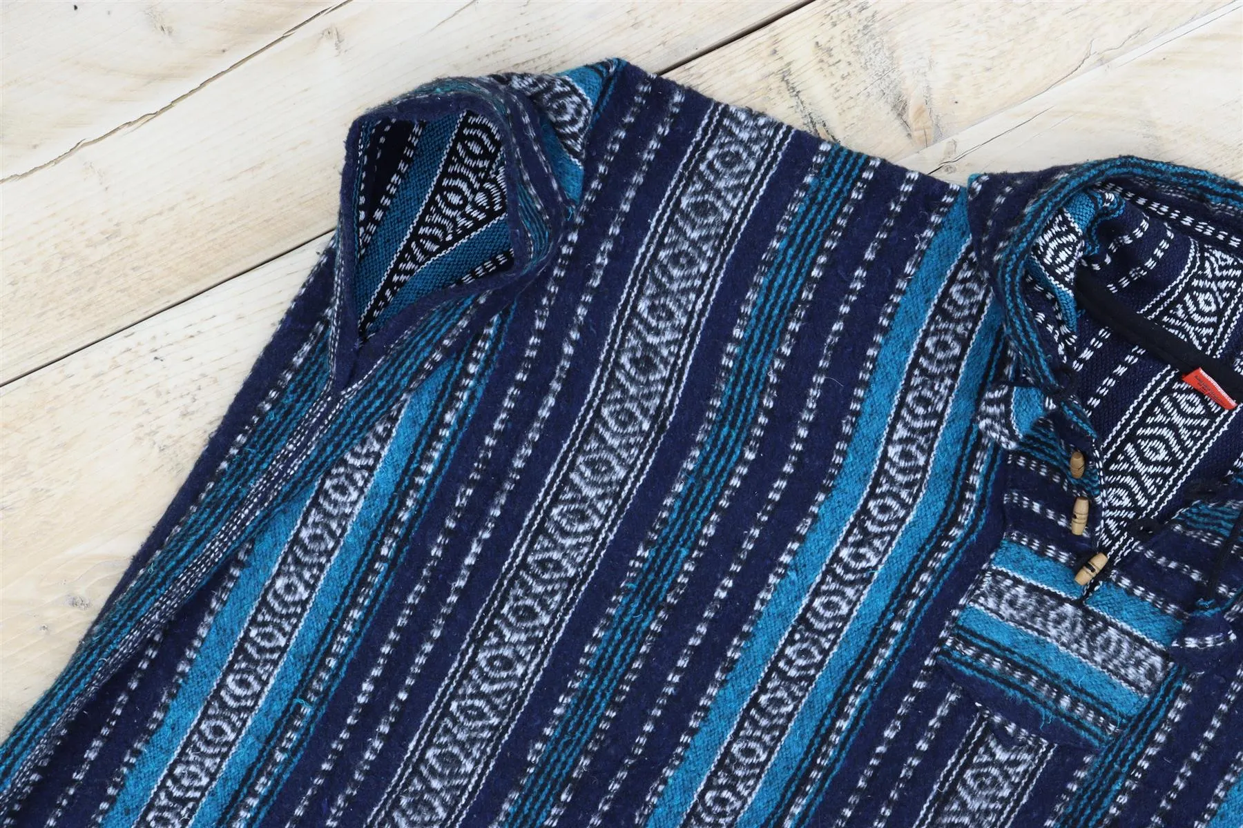 Brushed Cotton Long Hooded Poncho - Blue