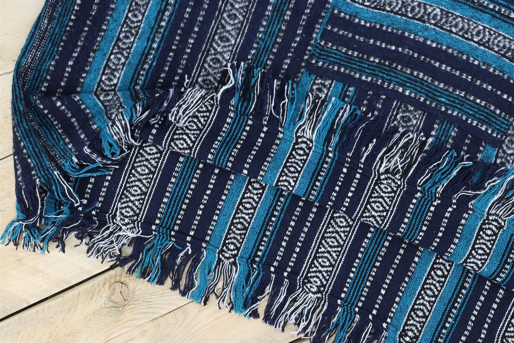 Brushed Cotton Long Hooded Poncho - Blue
