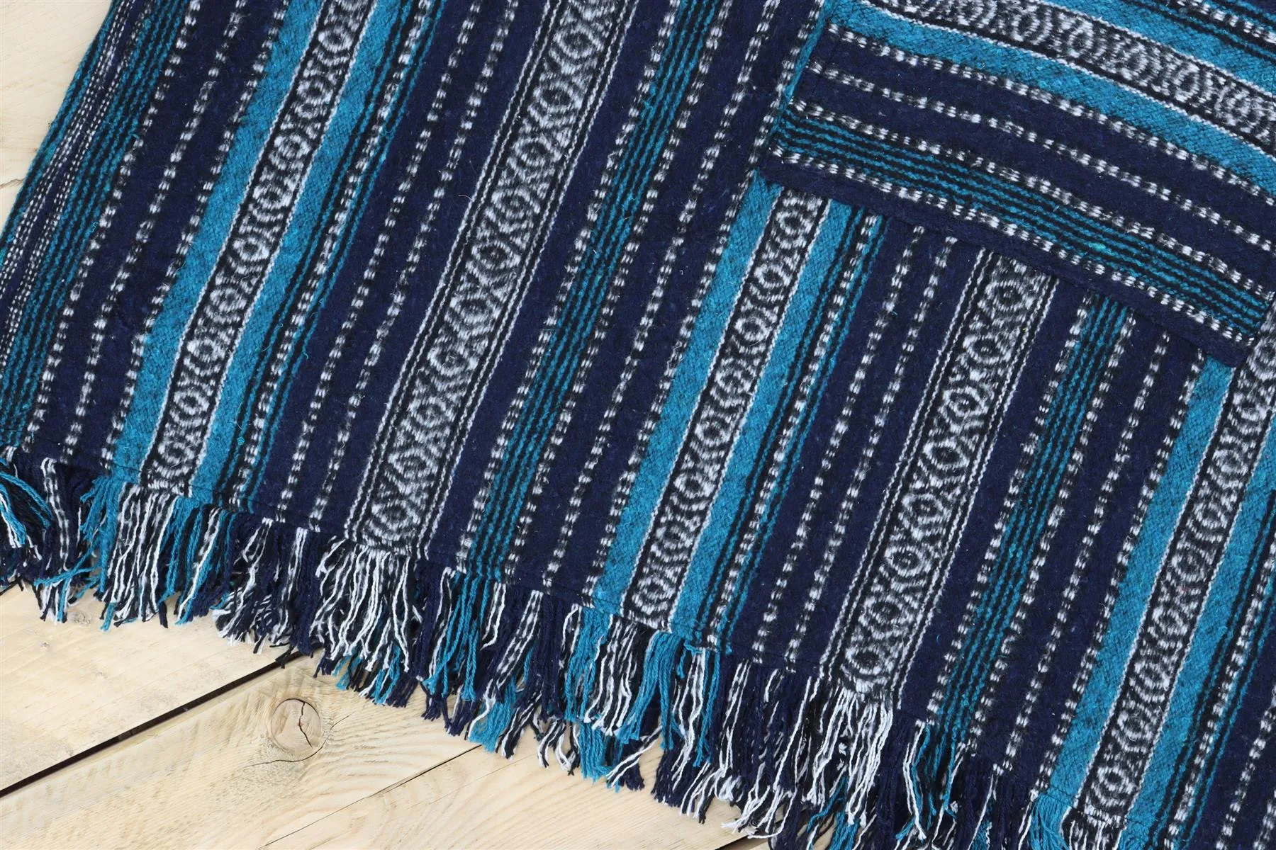 Brushed Cotton Long Hooded Poncho - Blue