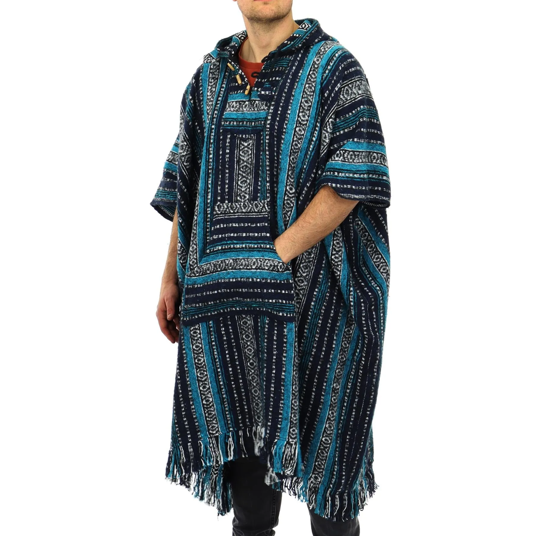 Brushed Cotton Long Hooded Poncho - Blue