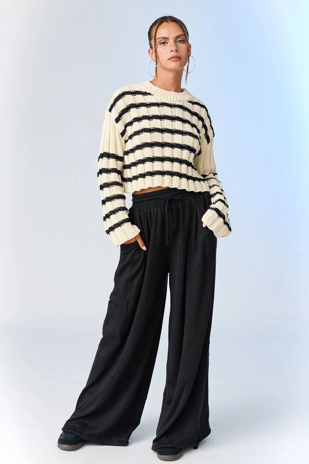 Cropped Striped Sweater: Cream/Black