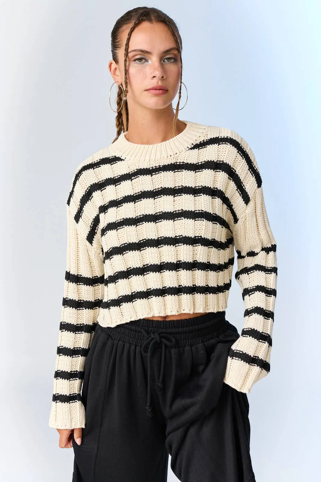 Cropped Striped Sweater: Cream/Black