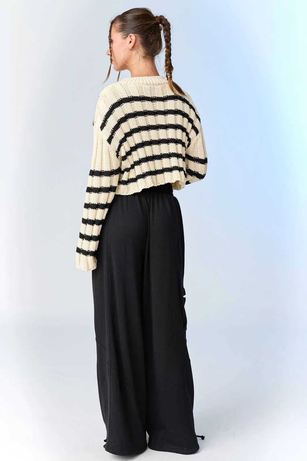 Cropped Striped Sweater: Cream/Black