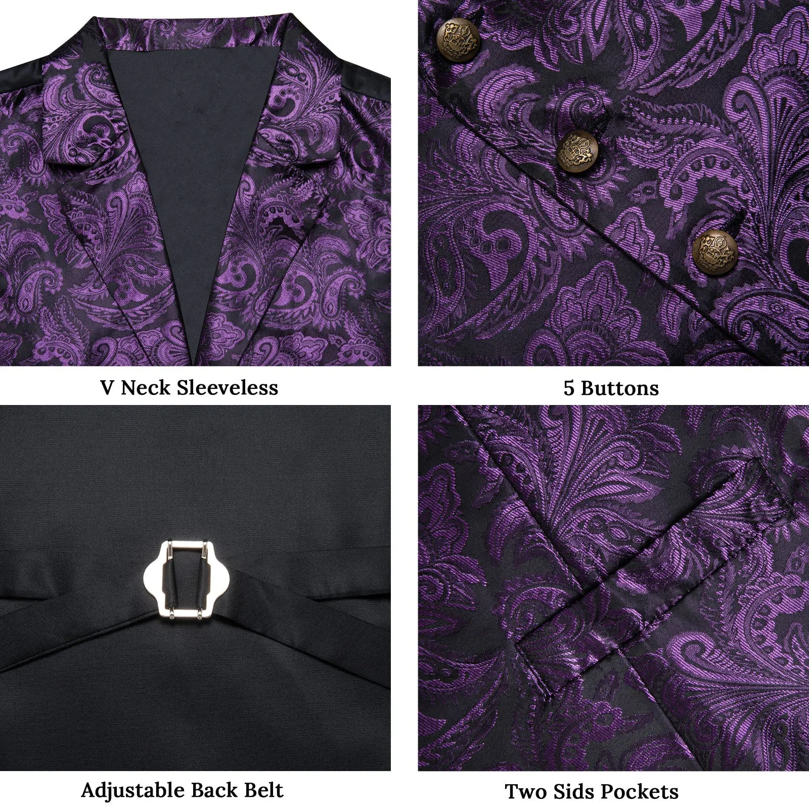 Dark Purple Paisley Silk Men's Collar Vest Bow Tie Handkerchief Cufflinks Set Waistcoat Suit Set
