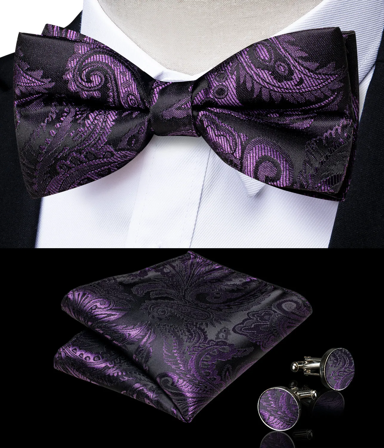 Dark Purple Paisley Silk Men's Collar Vest Bow Tie Handkerchief Cufflinks Set Waistcoat Suit Set