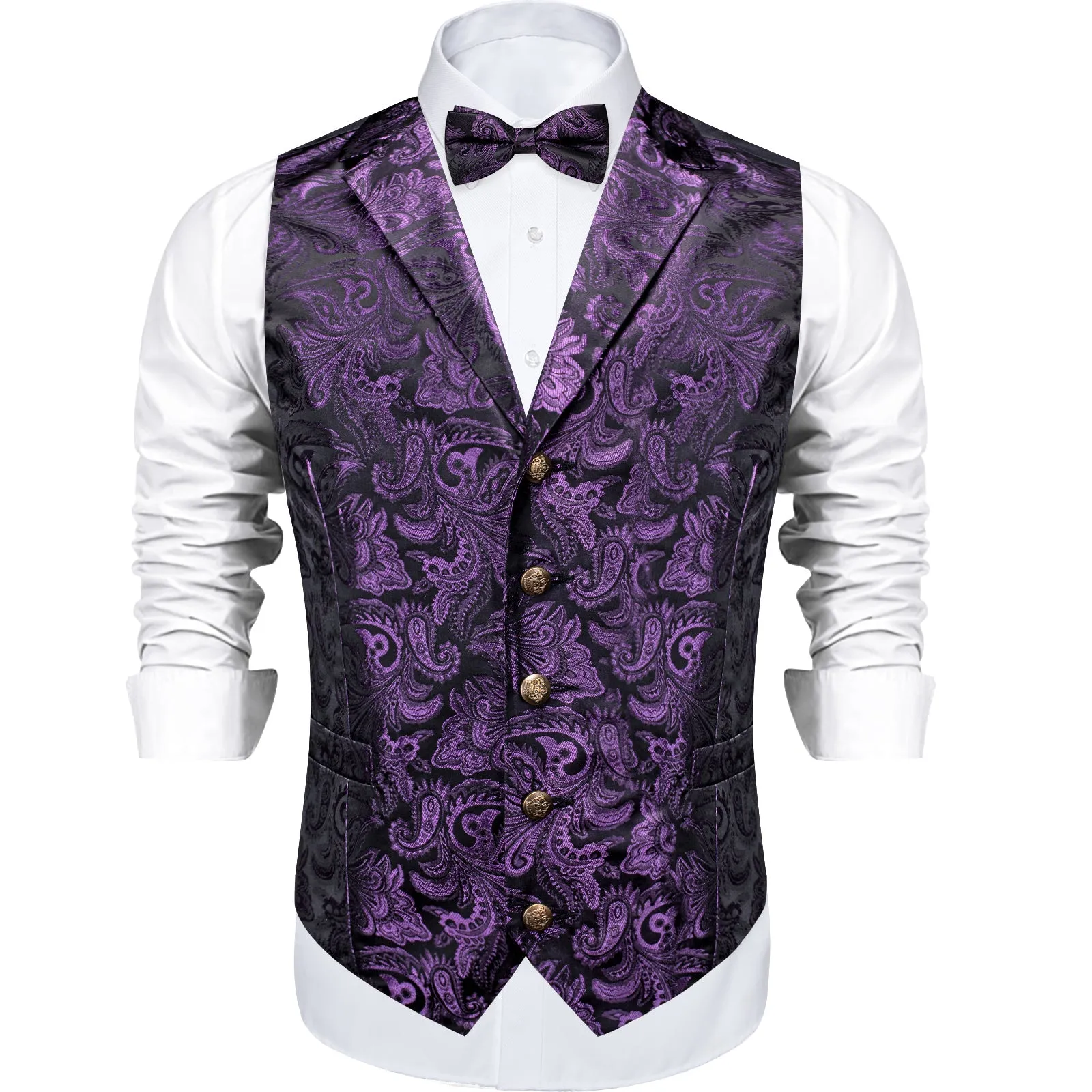 Dark Purple Paisley Silk Men's Collar Vest Bow Tie Handkerchief Cufflinks Set Waistcoat Suit Set