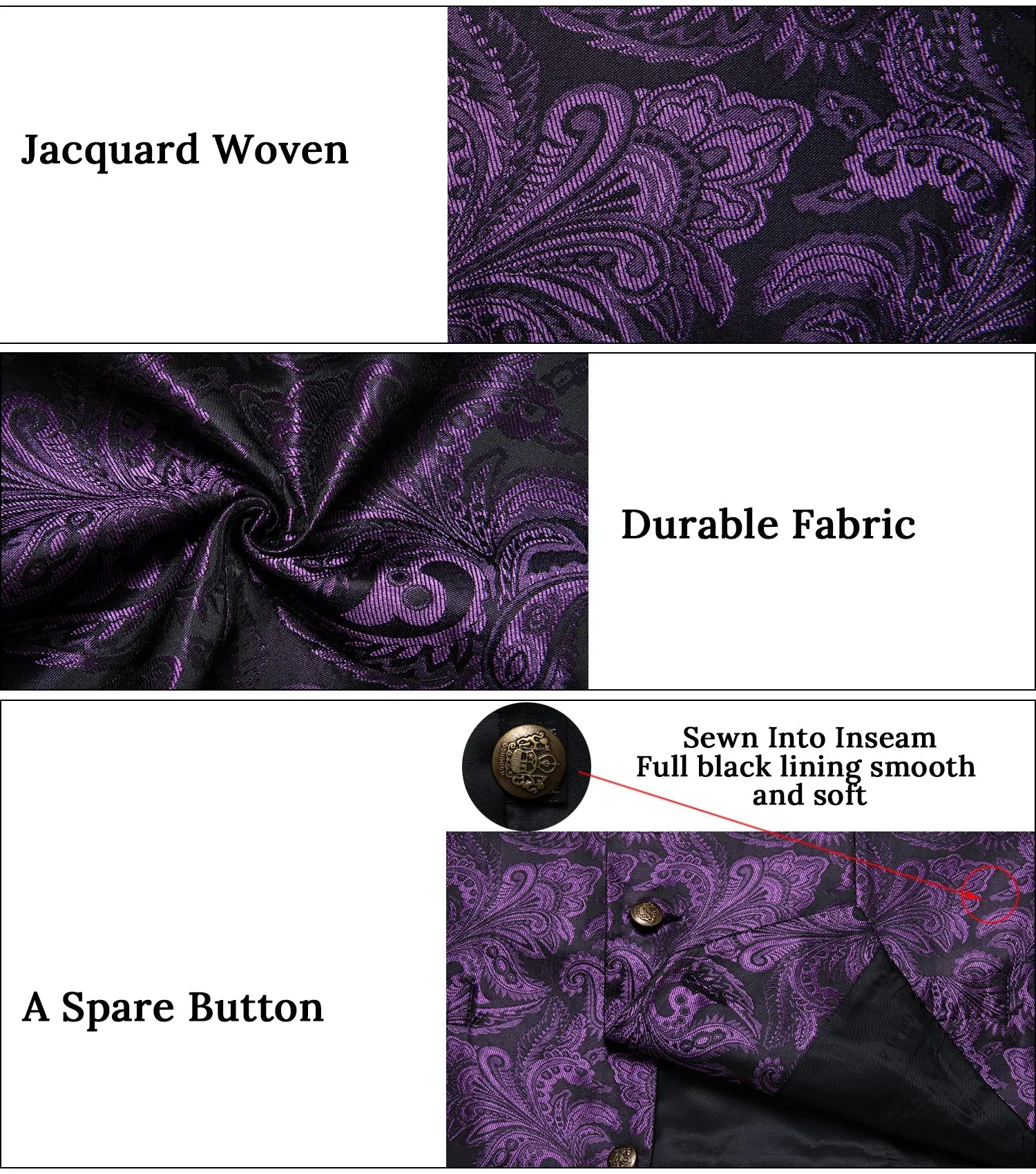 Dark Purple Paisley Silk Men's Collar Vest Bow Tie Handkerchief Cufflinks Set Waistcoat Suit Set