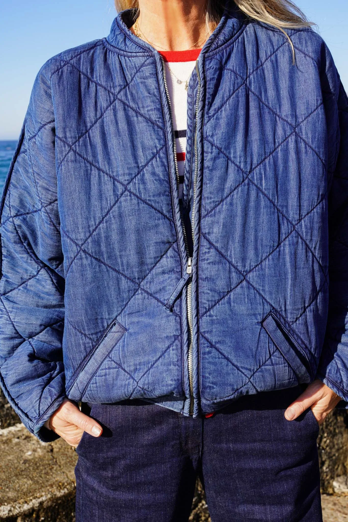 Denim Blue Quilted Bomber Jacket