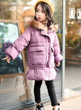 Girls Long Cotton-Padded Jacket With Bow