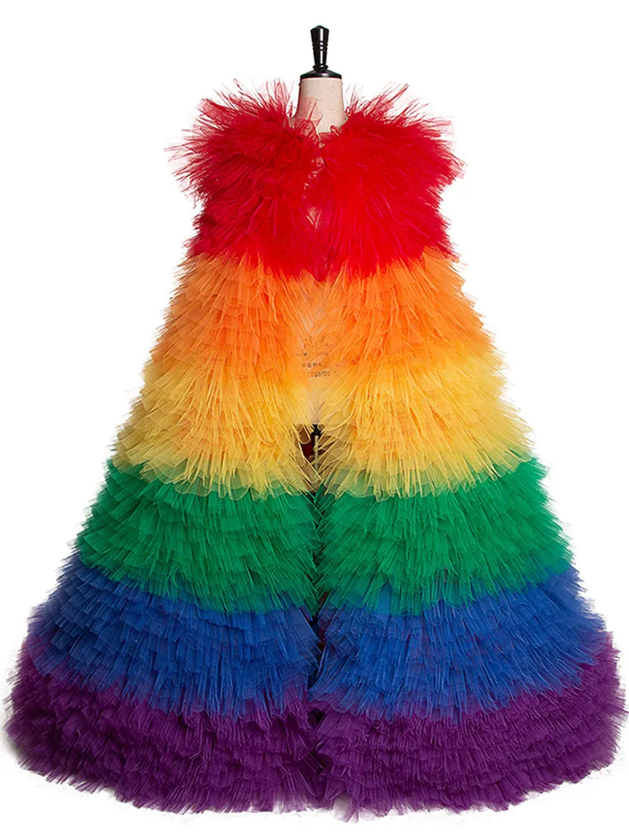 Gorgeous Rainbow Tulle Prom Evening Maternity Robe Woman Wedding Jacket Elegant Celebrity Cape Photography Props YEWEN