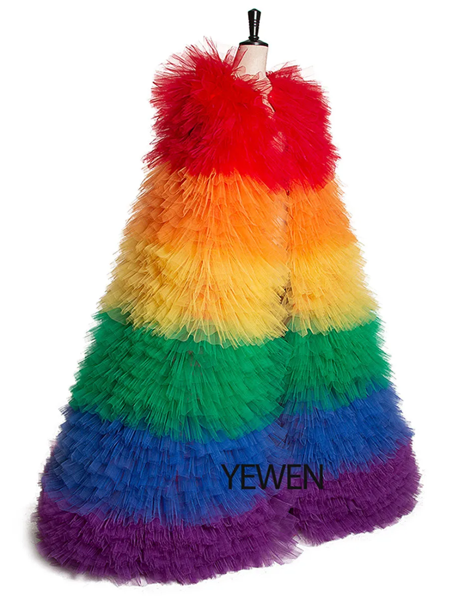 Gorgeous Rainbow Tulle Prom Evening Maternity Robe Woman Wedding Jacket Elegant Celebrity Cape Photography Props YEWEN