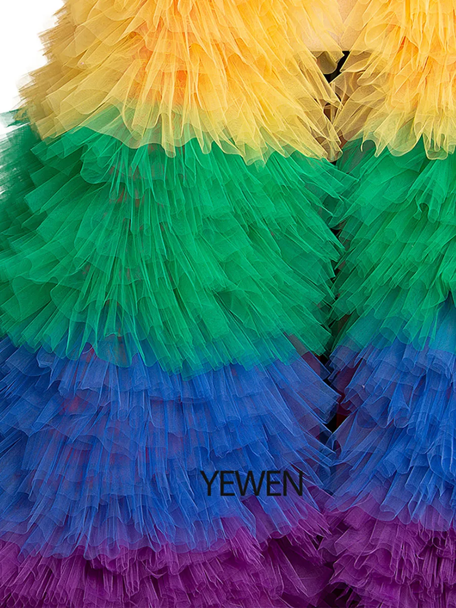 Gorgeous Rainbow Tulle Prom Evening Maternity Robe Woman Wedding Jacket Elegant Celebrity Cape Photography Props YEWEN