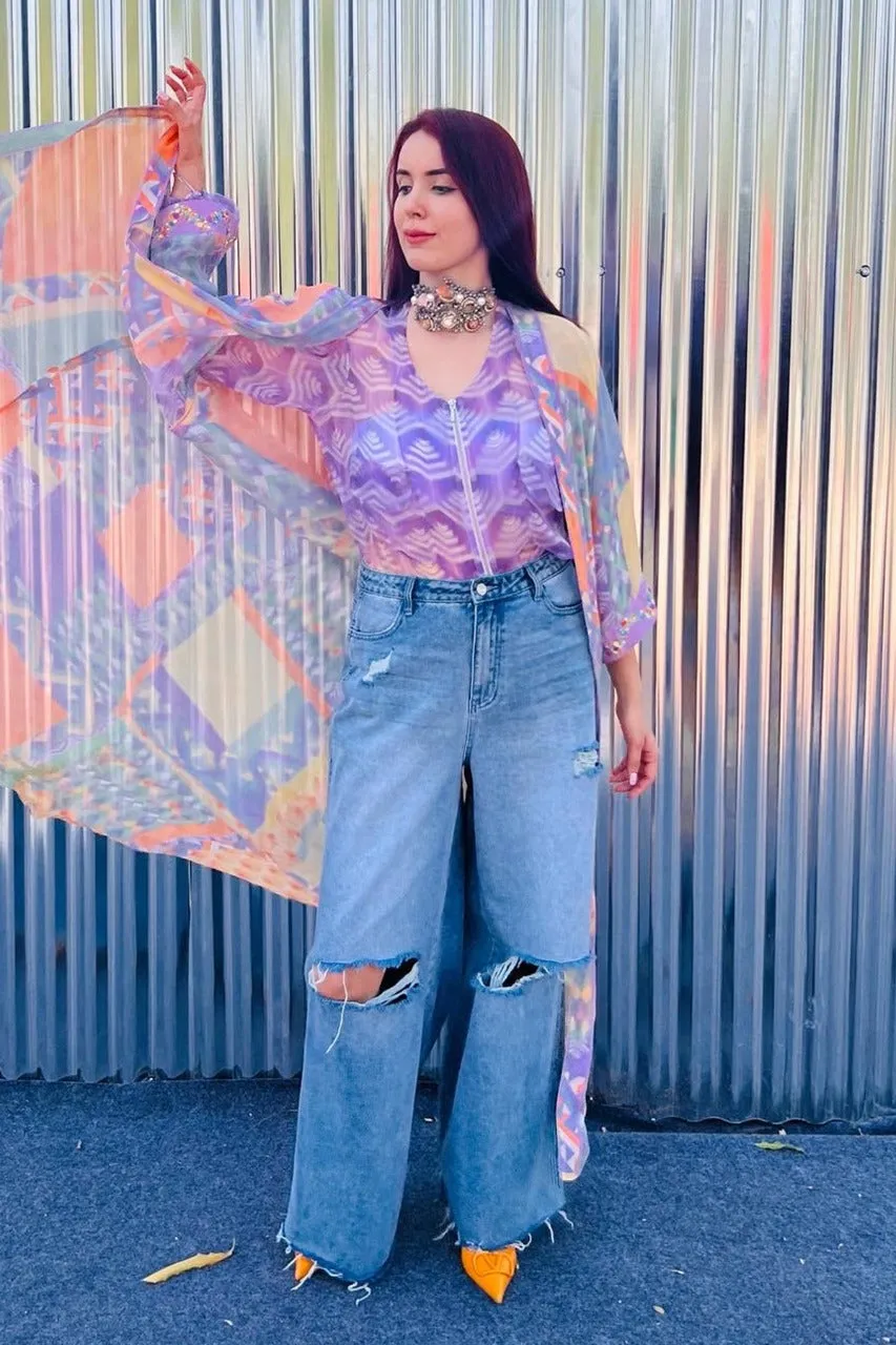 Jasleen Sabharwal In Our Multi-Geo Printed Cape and Lavender Geometric Organza Jacket