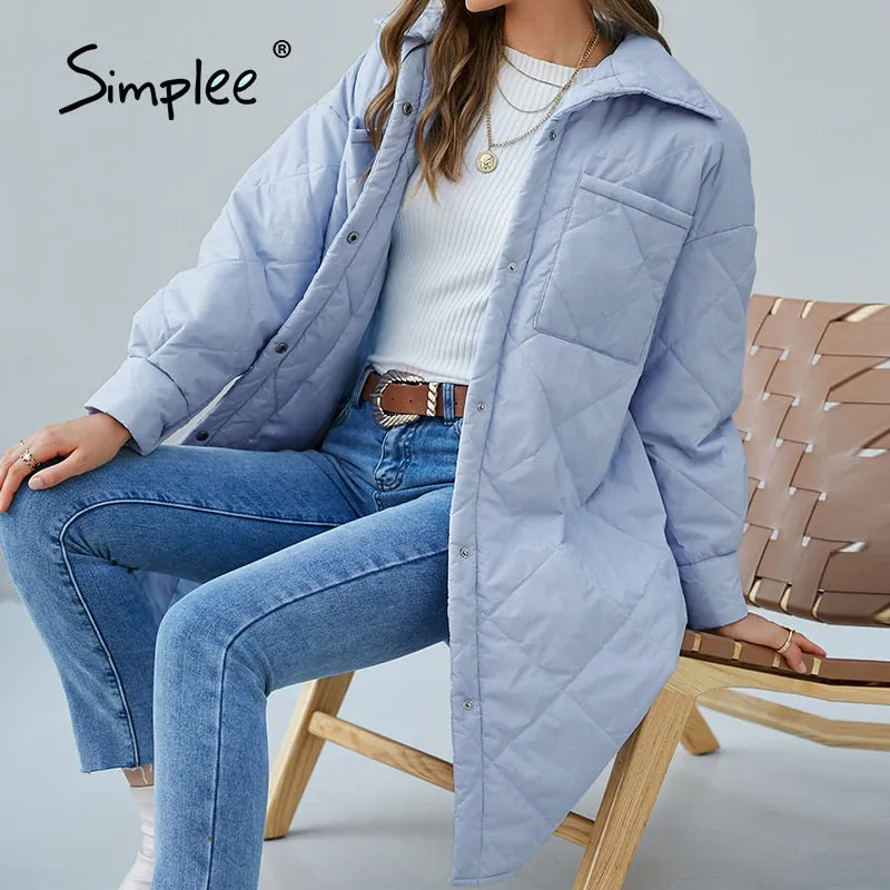 Joskaa Elegant loose plaid pocket women's parka blue Office split lapel ladies long coat winter Casual za fashion quilted coats
