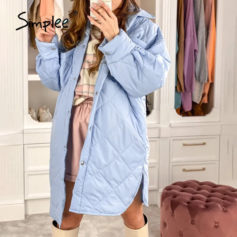 Joskaa Elegant loose plaid pocket women's parka blue Office split lapel ladies long coat winter Casual za fashion quilted coats