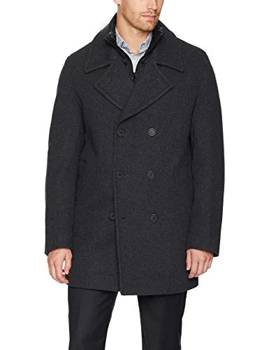 Marc New York by Andrew Marc Men's Mapleton Herringbone Peacoat with Removable Quilted Bib, Charcoal, Large