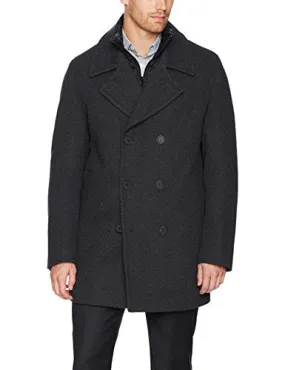 Marc New York by Andrew Marc Men's Mapleton Herringbone Peacoat with Removable Quilted Bib, Charcoal, Large