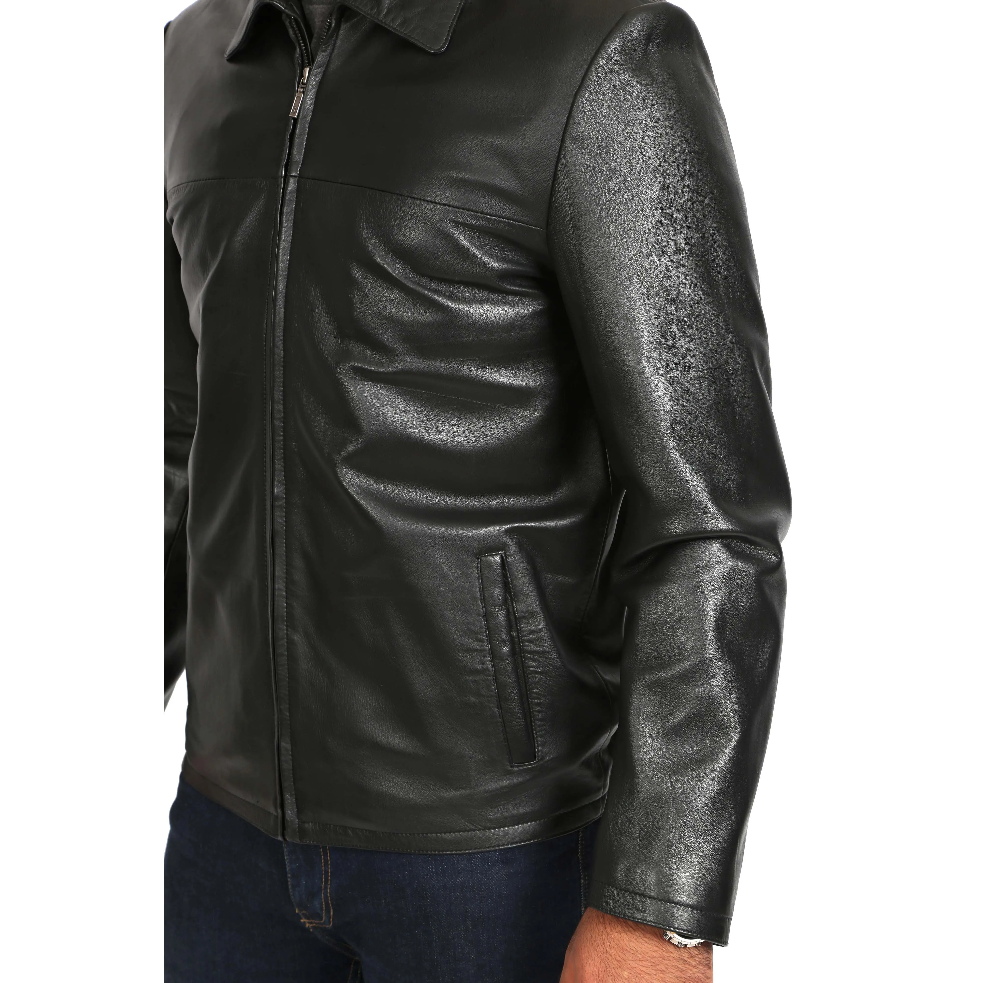 Mens Classic Zip Fasten Box Leather Jacket Tony Black