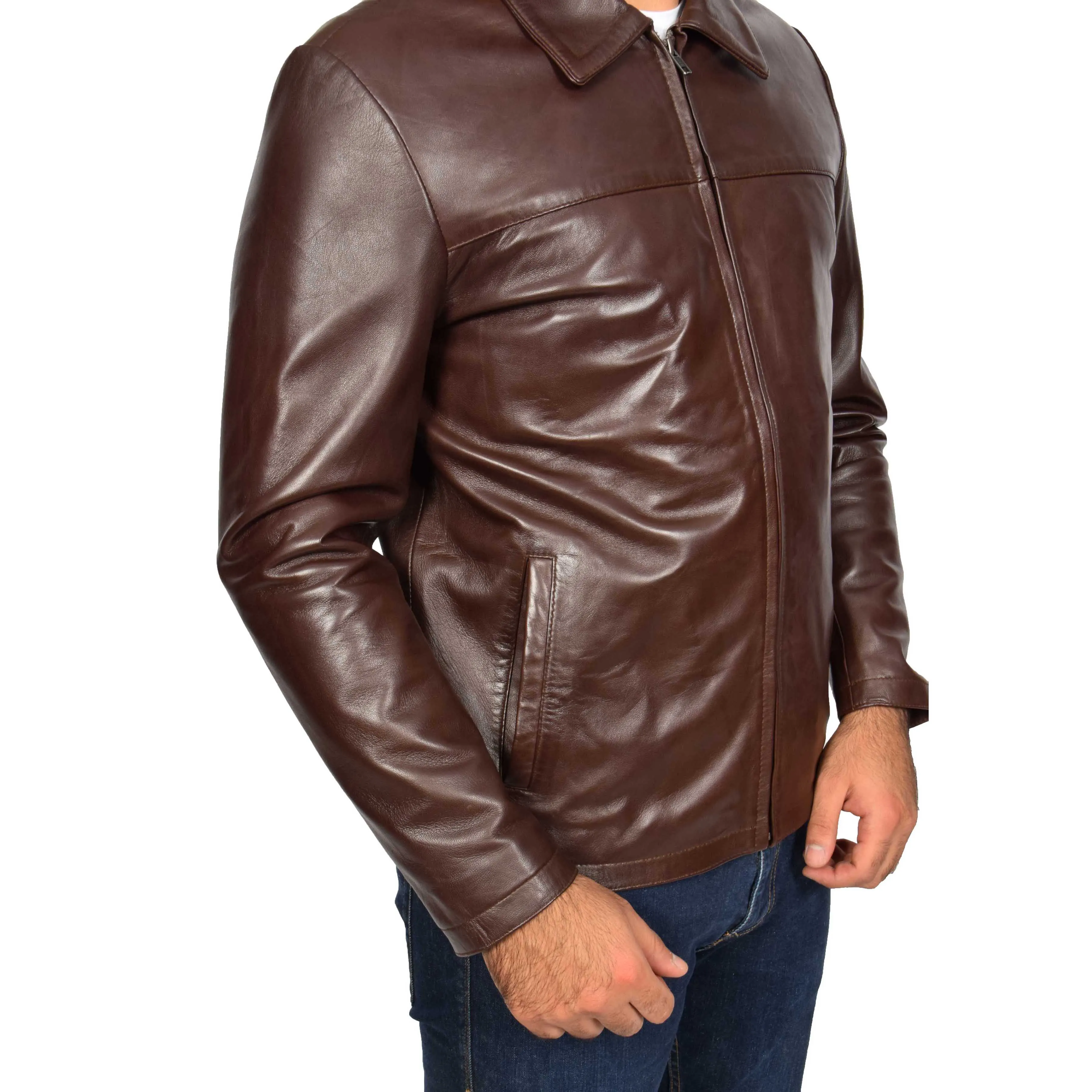 Mens Classic Zip Fasten Box Leather Jacket Tony Brown