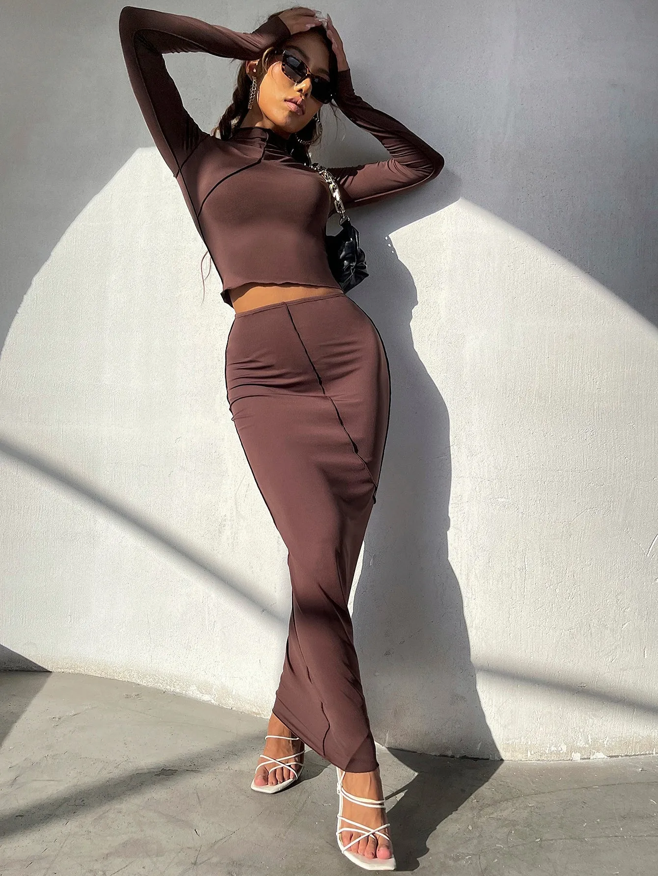 Mock Neck Top-stitching Crop Tee & Pencil Skirt SS23 FD