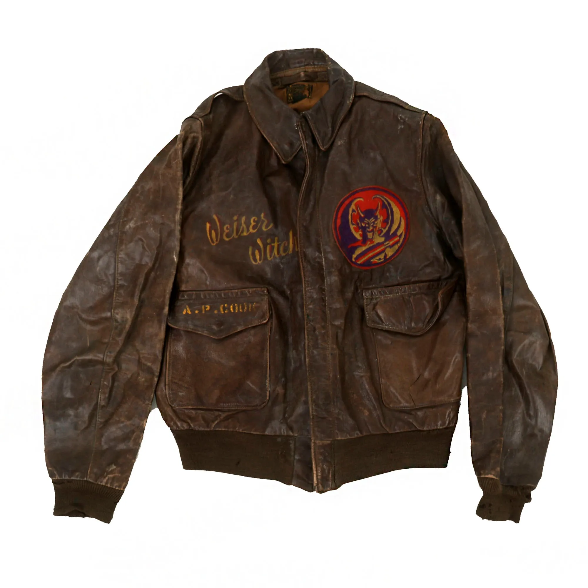 Original U.S. WWII B-24 Weiser Witch Painted A-2 Flying Jacket Grouping - Alfred P. Cook - 8th Air Force, 707th Bomb Squadron - Caterpillar Club Member
