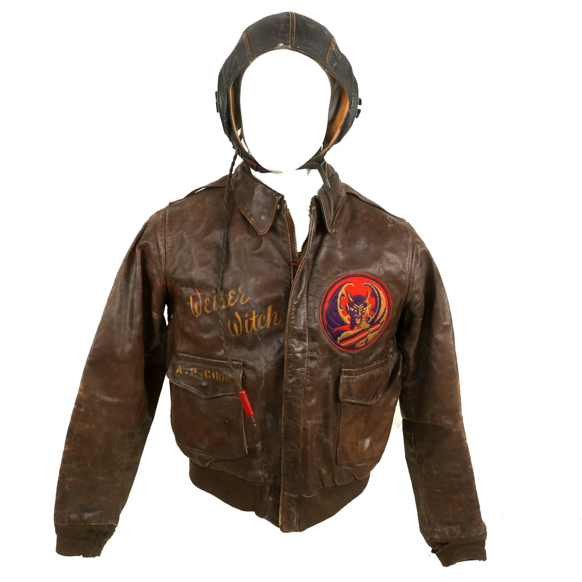 Original U.S. WWII B-24 Weiser Witch Painted A-2 Flying Jacket Grouping - Alfred P. Cook - 8th Air Force, 707th Bomb Squadron - Caterpillar Club Member