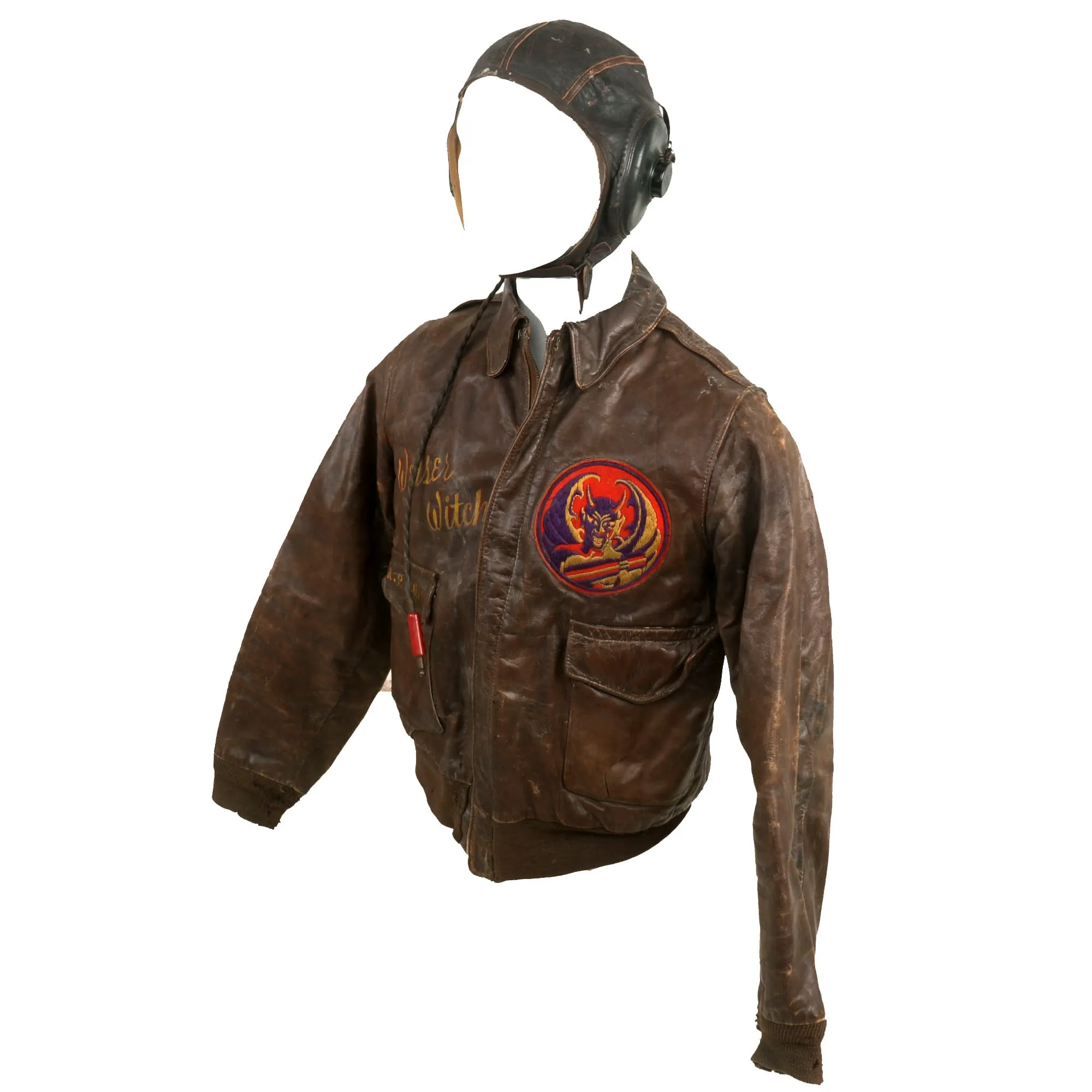 Original U.S. WWII B-24 Weiser Witch Painted A-2 Flying Jacket Grouping - Alfred P. Cook - 8th Air Force, 707th Bomb Squadron - Caterpillar Club Member