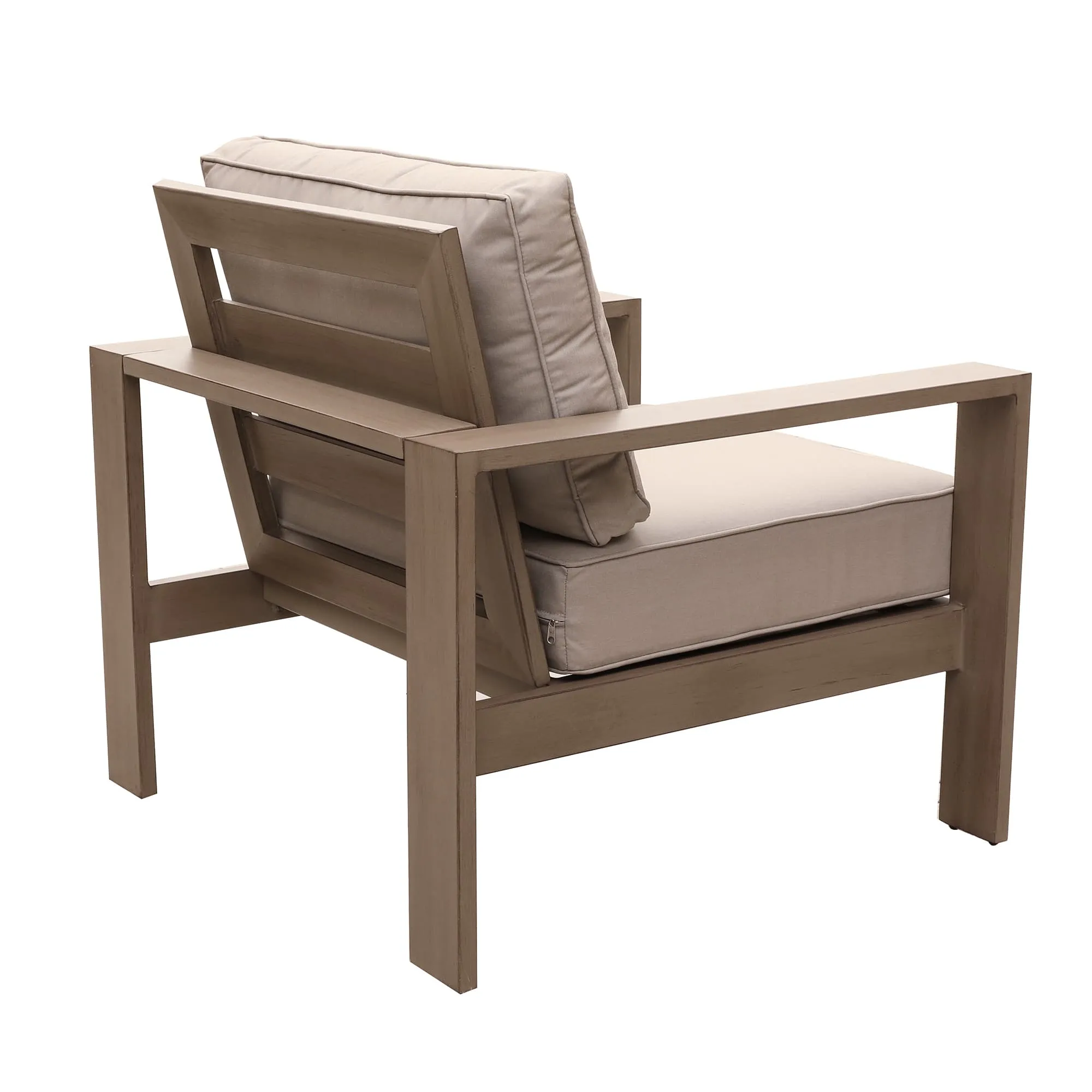Outdoor Arm Chair In Aluminium, Remains Rust Free With UV Repellent Powder Coat Finish, Includes All-Weather Cushions, Invites You To Sink In & Relax.