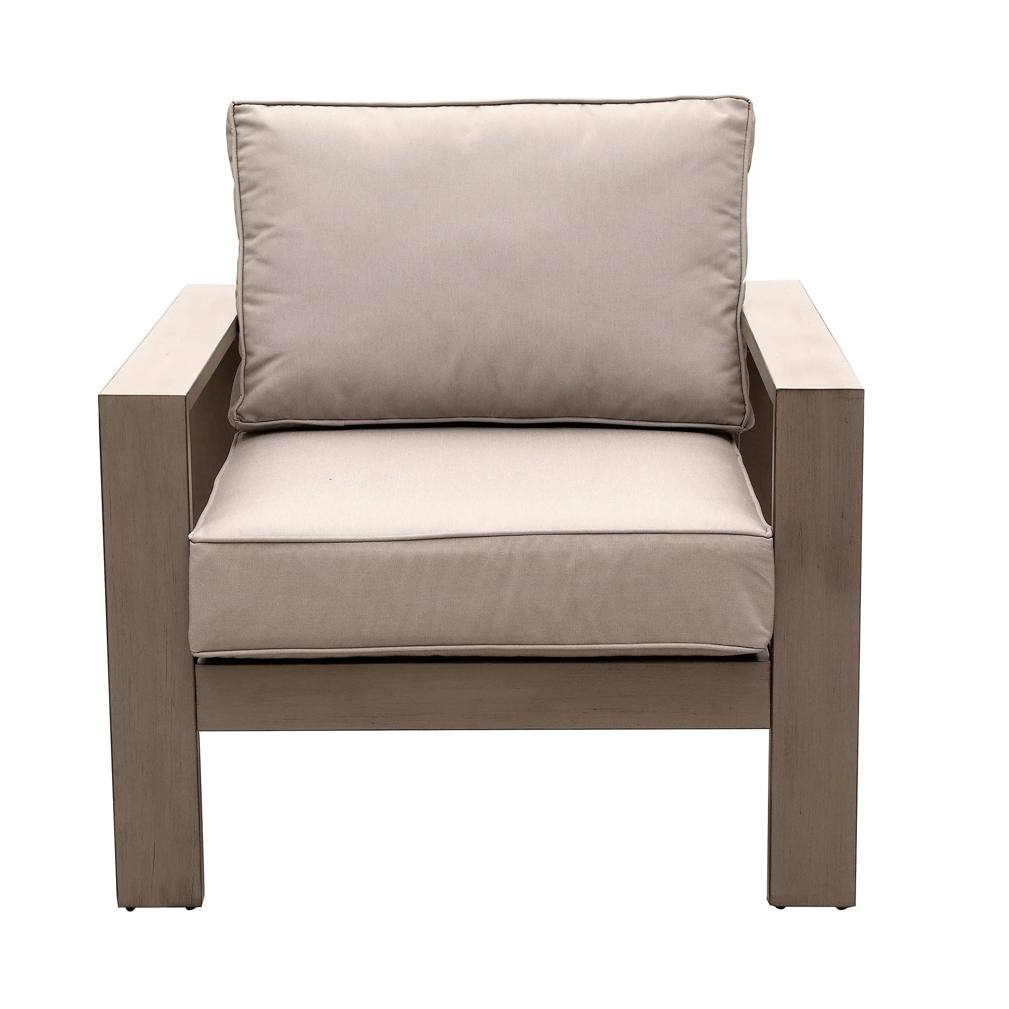 Outdoor Arm Chair In Aluminium, Remains Rust Free With UV Repellent Powder Coat Finish, Includes All-Weather Cushions, Invites You To Sink In & Relax.