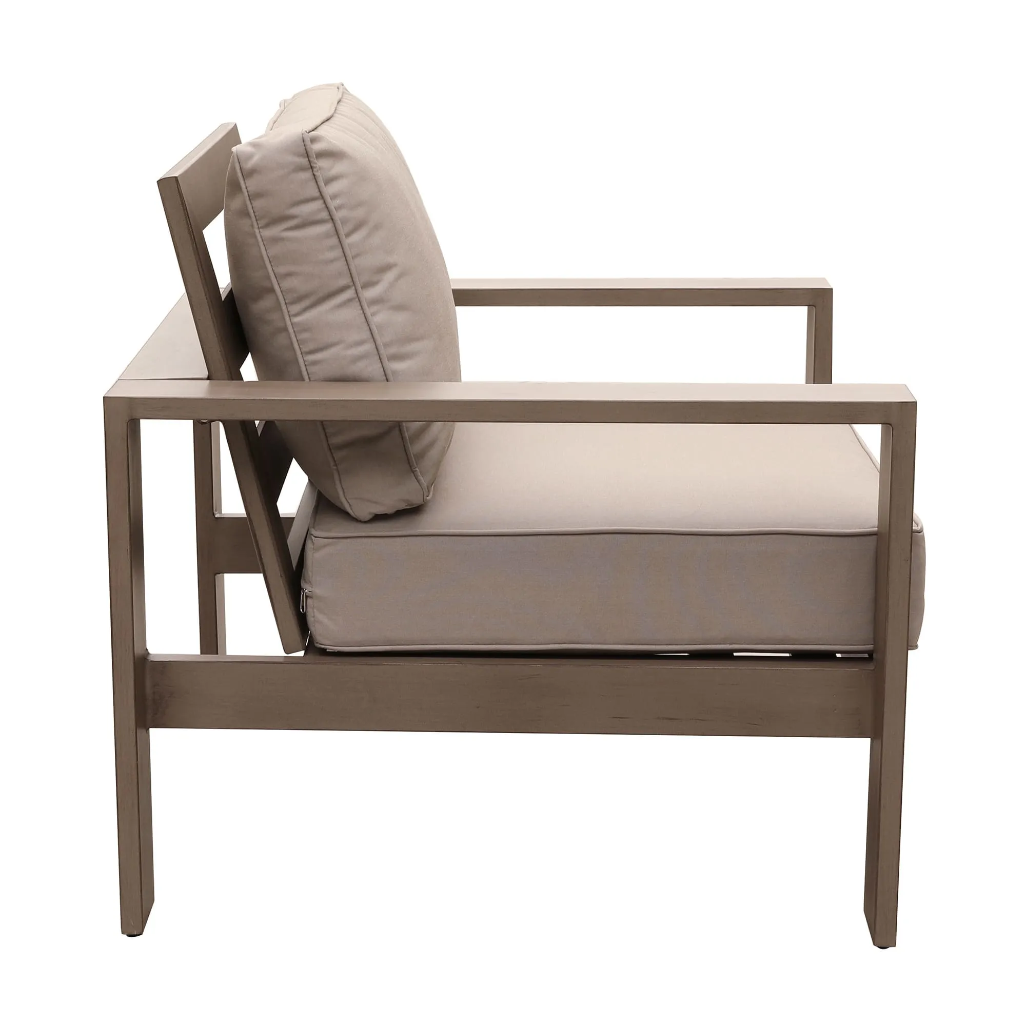 Outdoor Arm Chair In Aluminium, Remains Rust Free With UV Repellent Powder Coat Finish, Includes All-Weather Cushions, Invites You To Sink In & Relax.