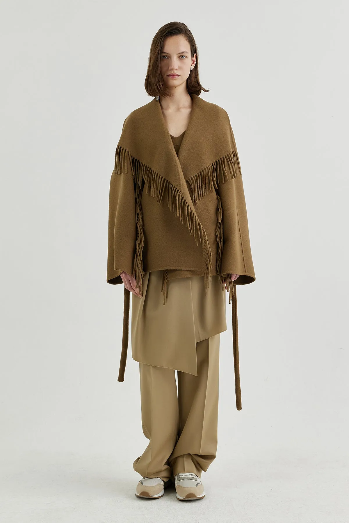 Quilted down-back double-faced wool fringed jacket