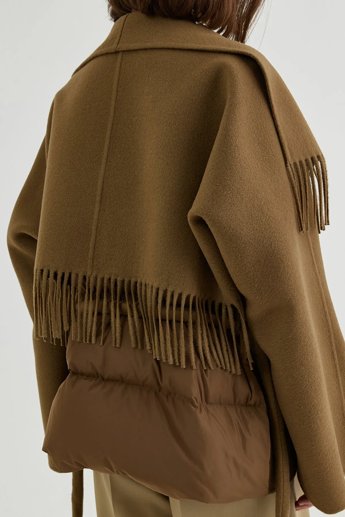 Quilted down-back double-faced wool fringed jacket