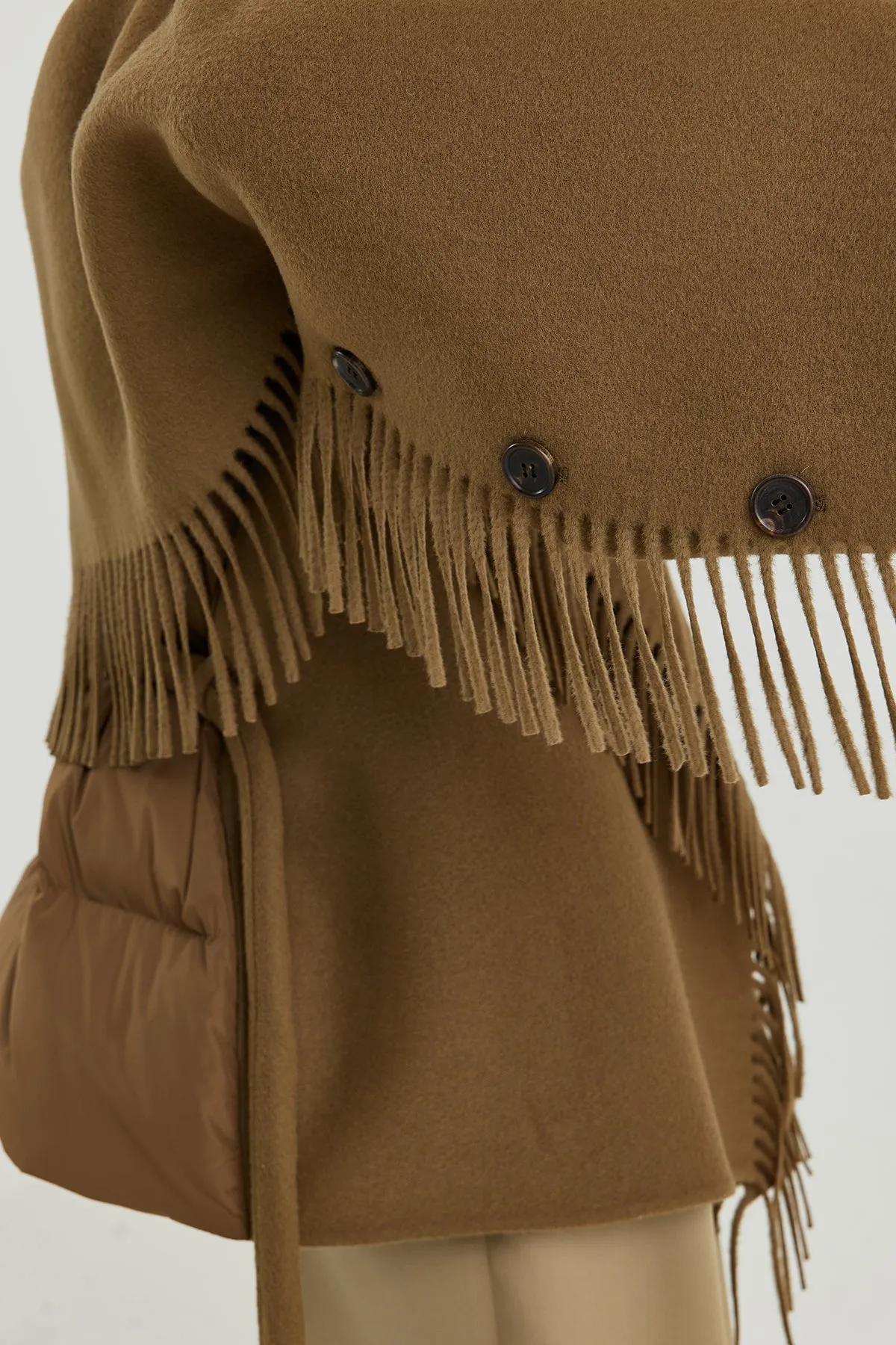 Quilted down-back double-faced wool fringed jacket