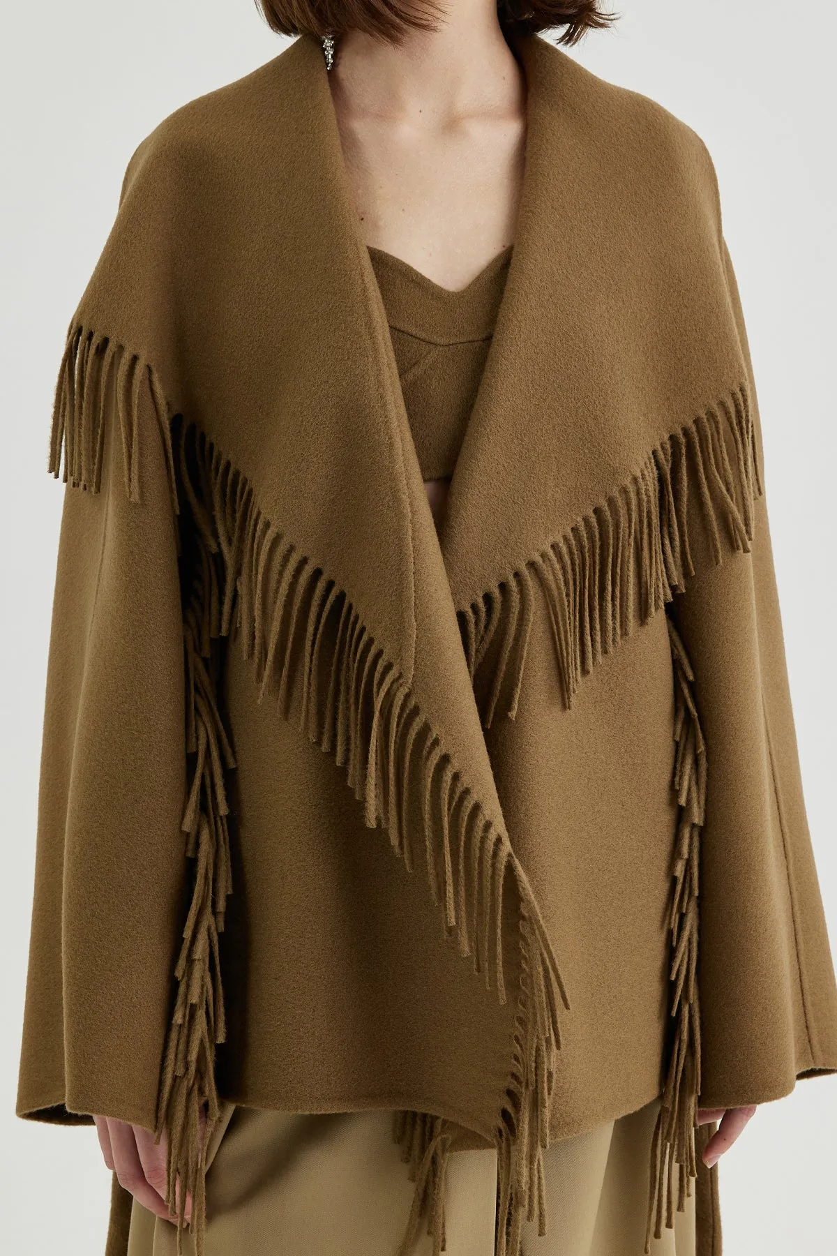 Quilted down-back double-faced wool fringed jacket