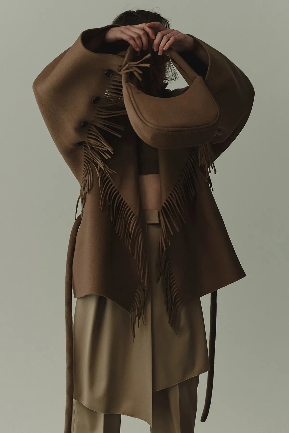 Quilted down-back double-faced wool fringed jacket