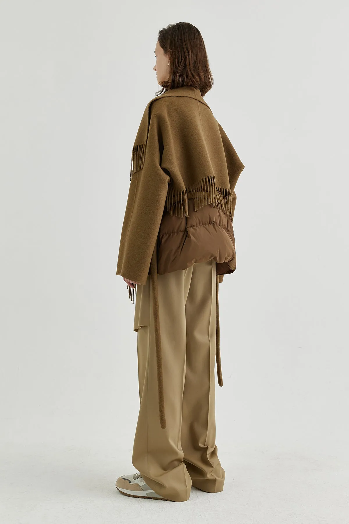 Quilted down-back double-faced wool fringed jacket