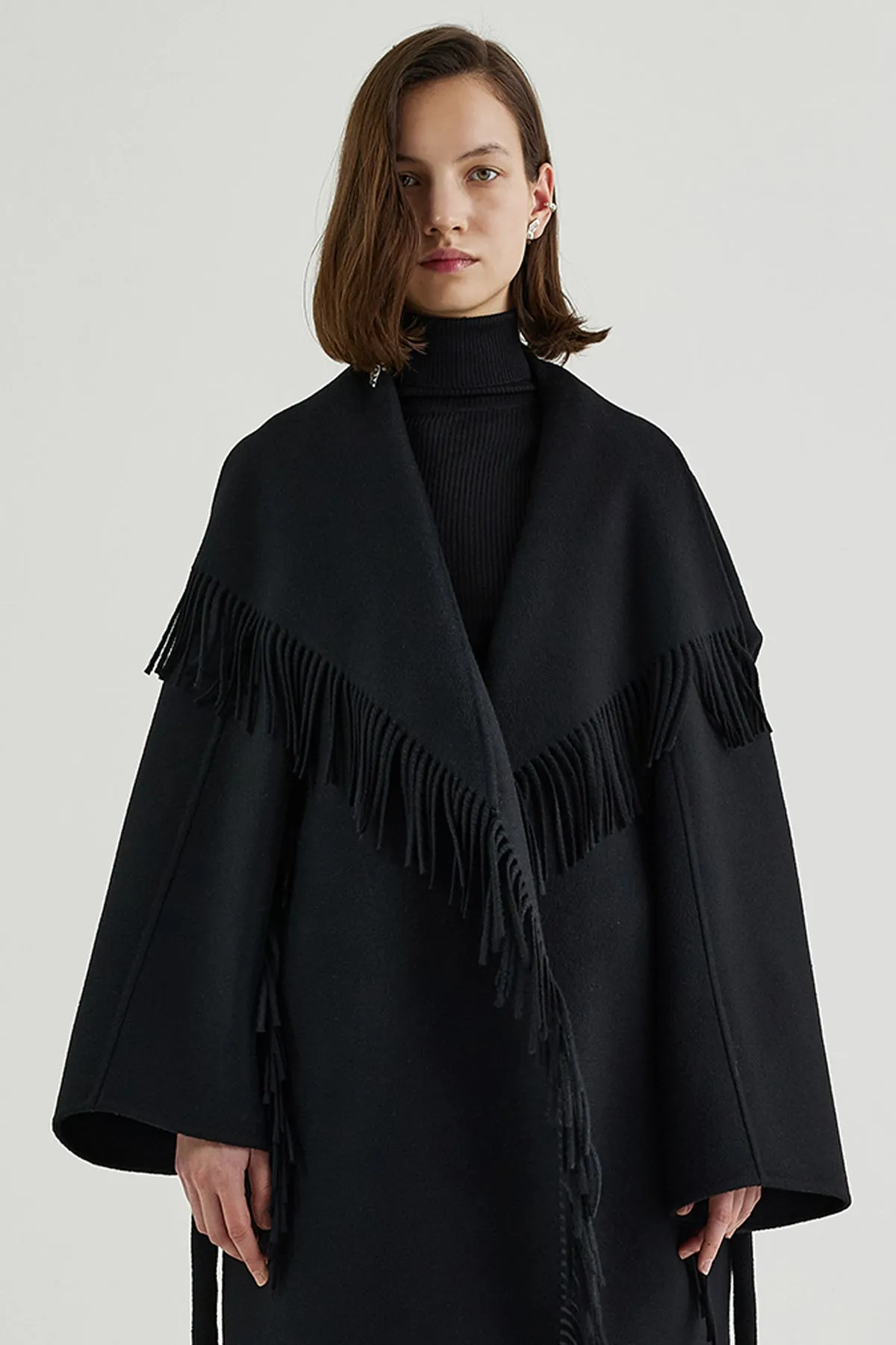 Quilted down-back double-faced wool fringed jacket