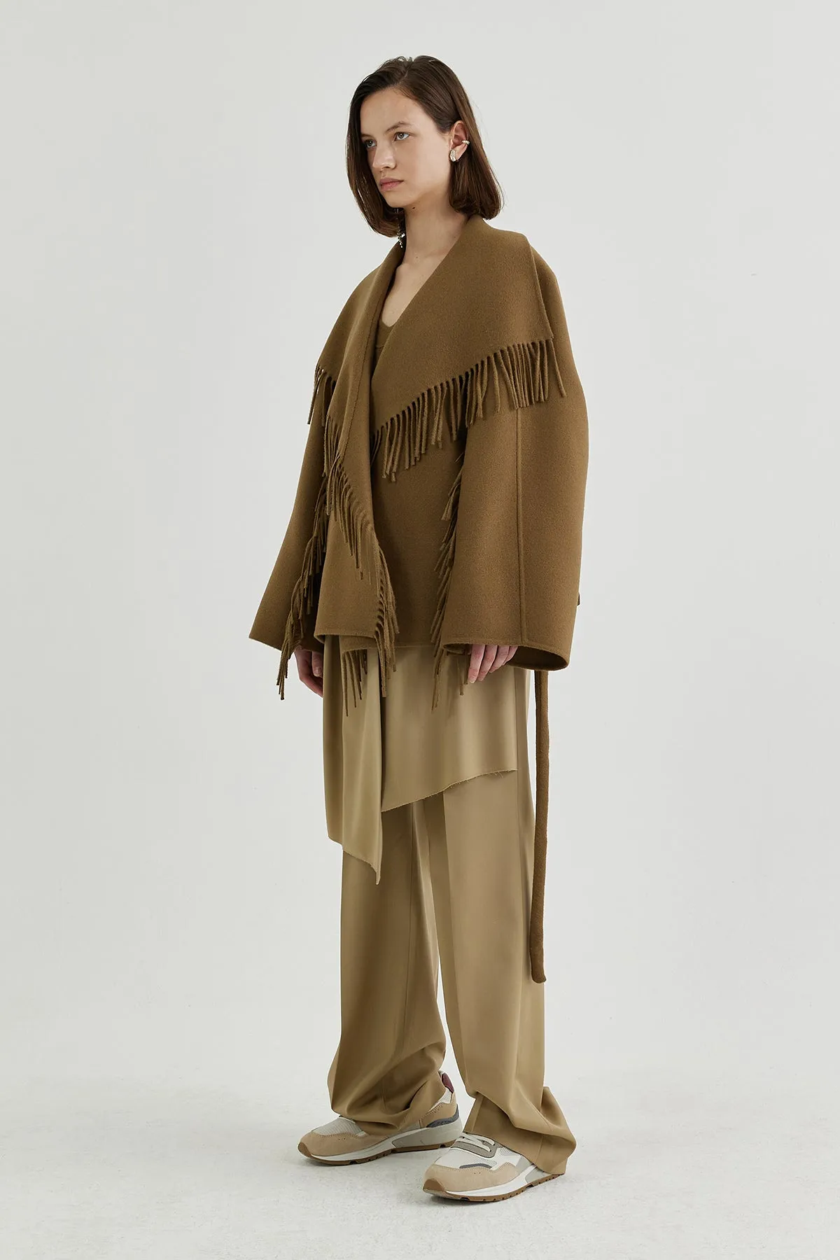 Quilted down-back double-faced wool fringed jacket