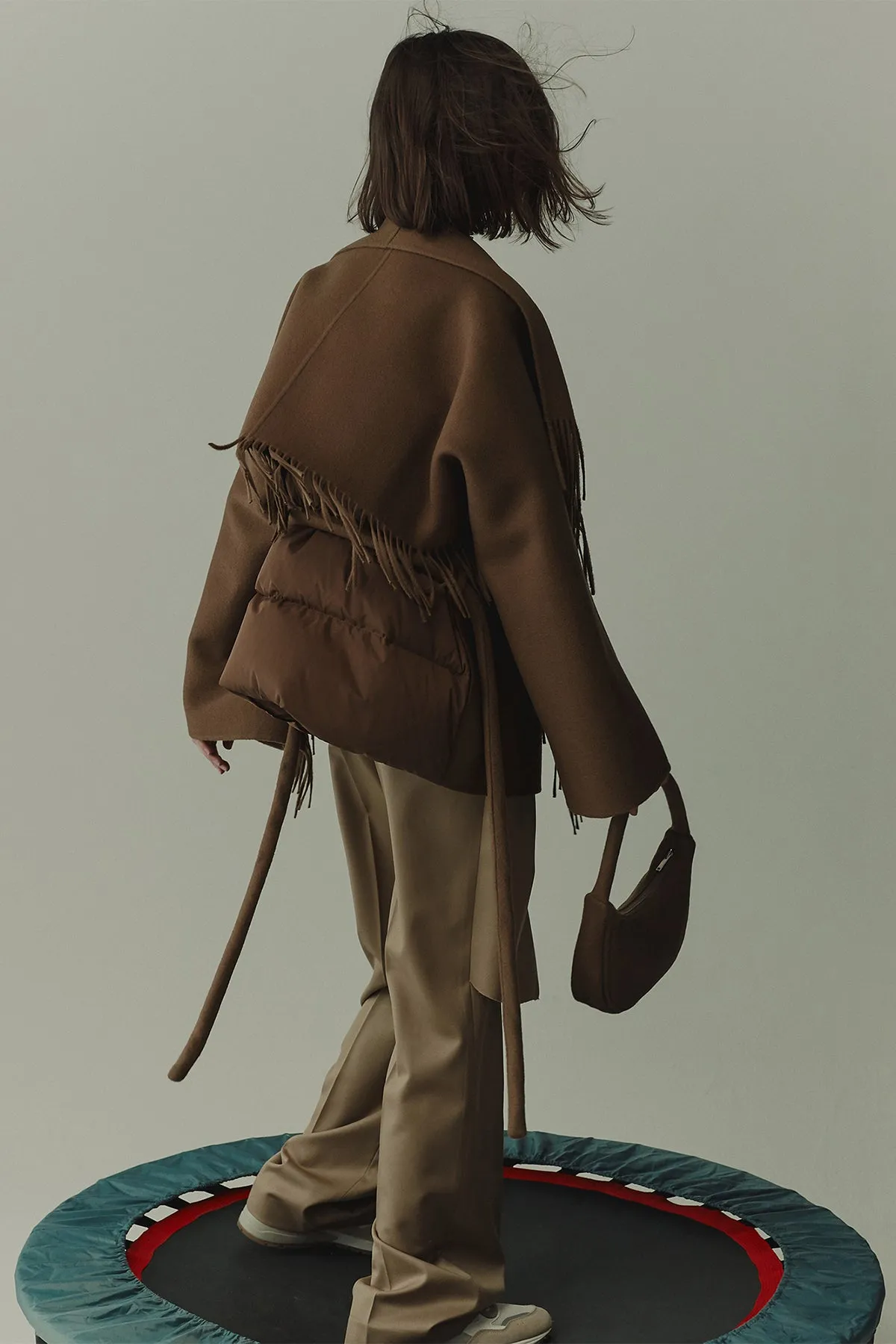 Quilted down-back double-faced wool fringed jacket