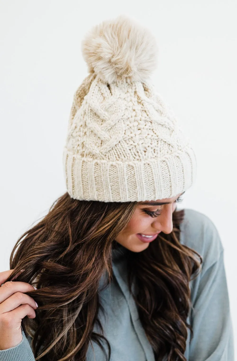 Sage Cable Knit Pom Beanie - Final Sale